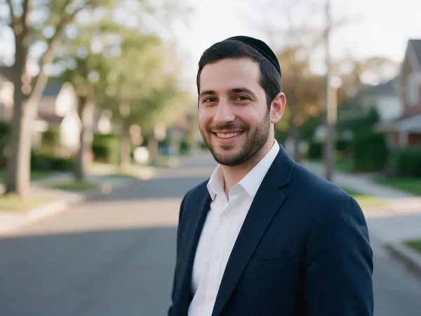 A smiling young frum man in a white shirt and navy blazer on a quiet tree-lined street (illustration)
