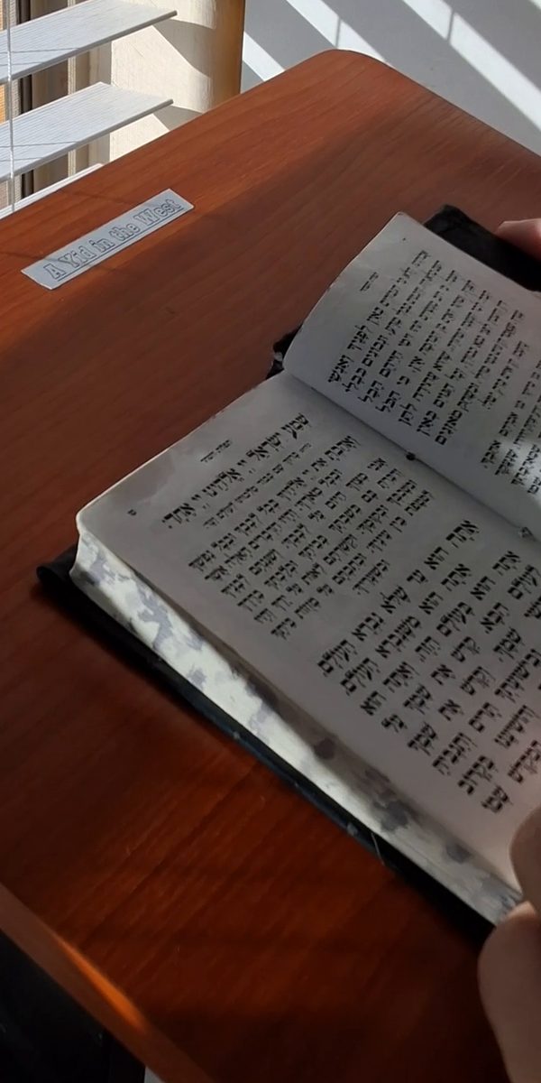 A siddur open on a shtender in the morning sun